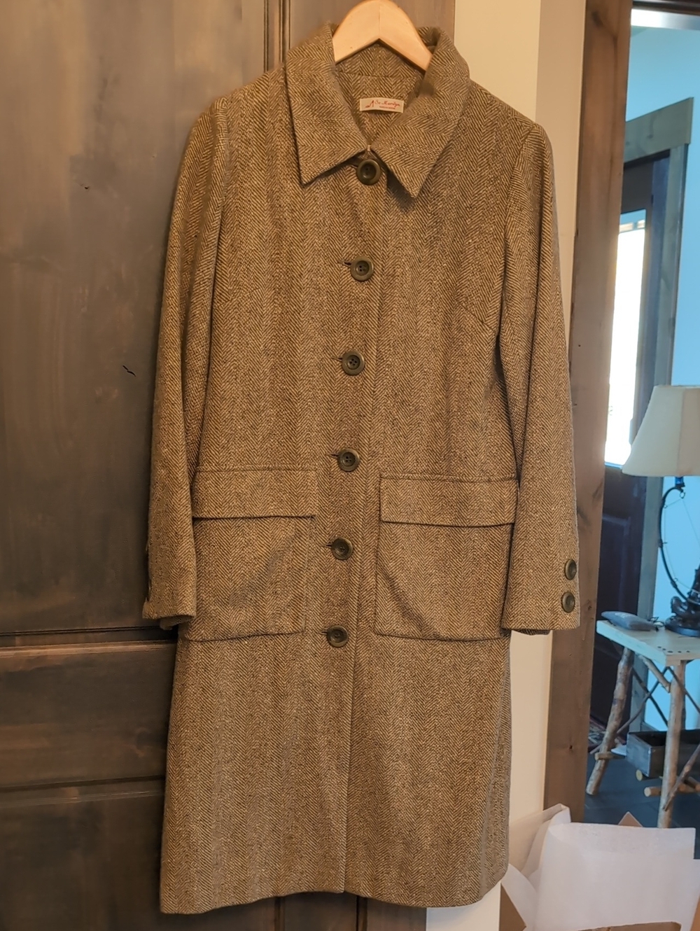Made In England Classic Wool 70% Wool 30% Silk Blend Herringbone Coat - Brown